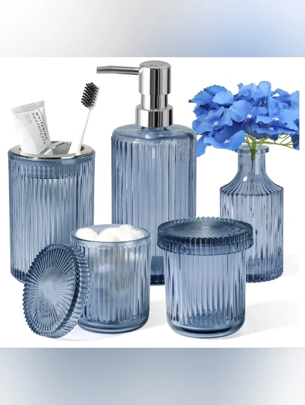 Blue Bathroom Accessories 5 Pcs, Glass Bathroom Accessory Set